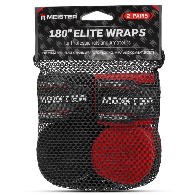 Meister Elite 180" Premium Adult Hand Wraps for MMA & Boxing - 2 Pair Pack w/Mesh Bag - Black/Blood Red - Image 3